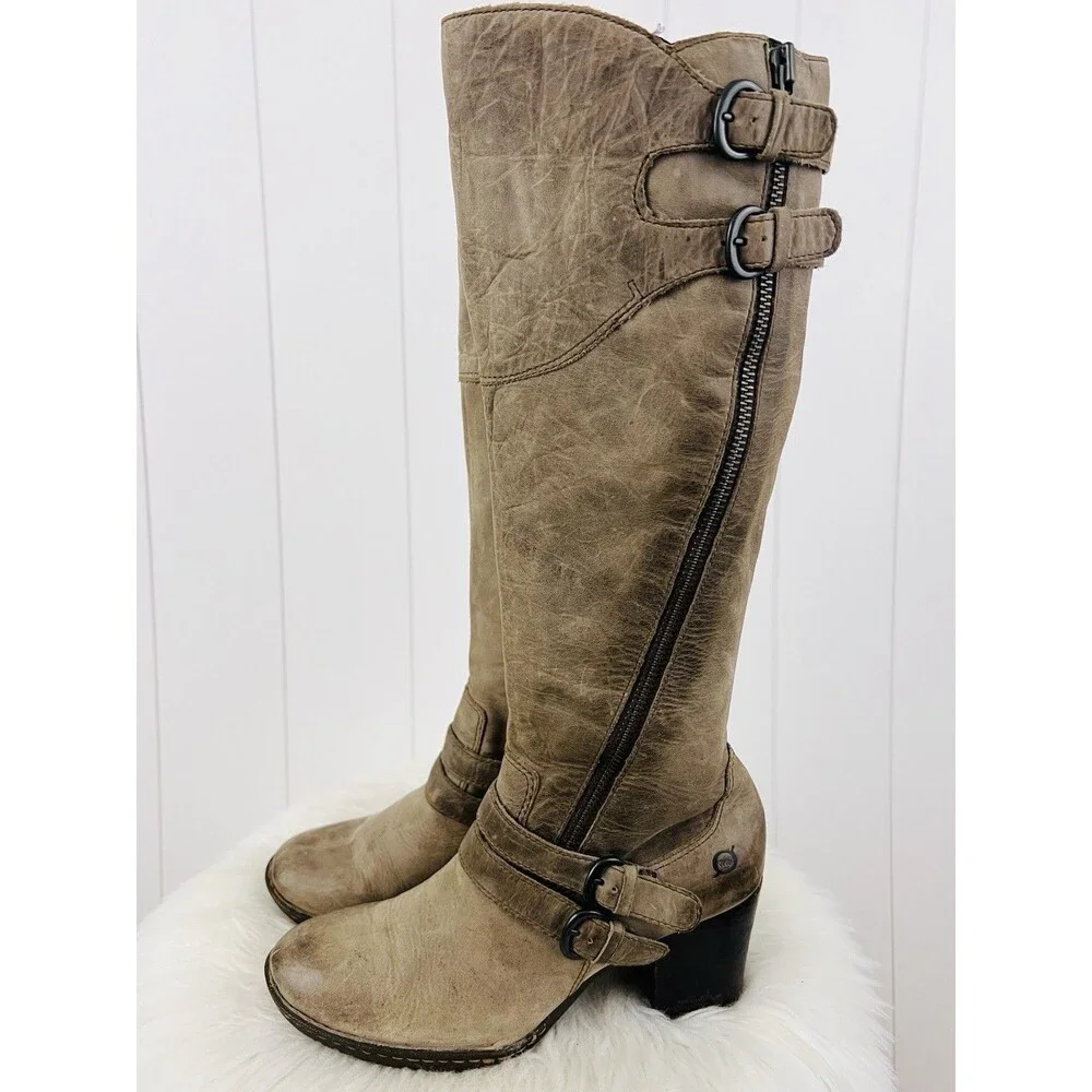 Born Milari Brown Soft Leather Tall Moto Riding Boots Distressed Buckled Size 9